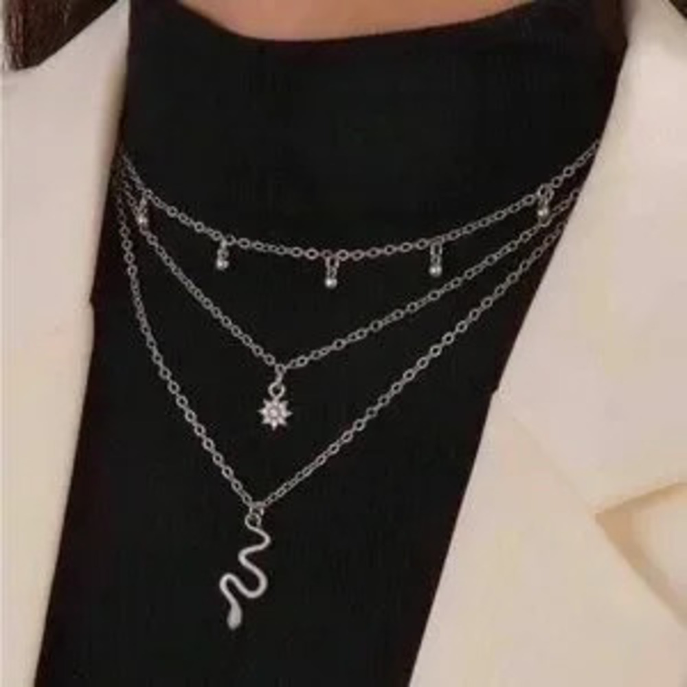 Silver Rhinestone Snake Layered Necklace